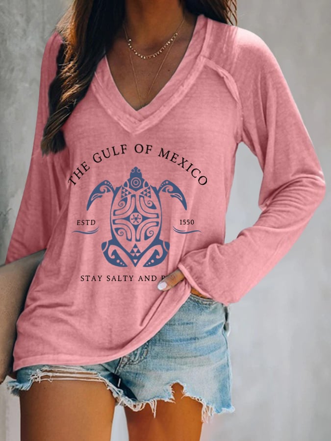 Women's Gulf Of Mexico Print V Neck T-Shirt
