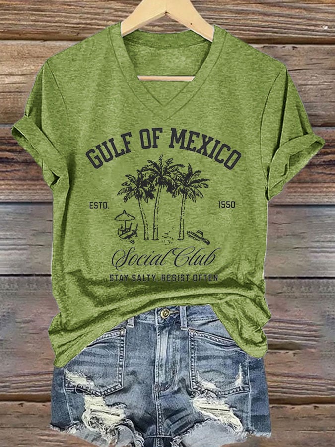 Women's Retro Gulf Of Mexico Social Club Stay Salty Resist Often Est 1550 Print T-Shirt