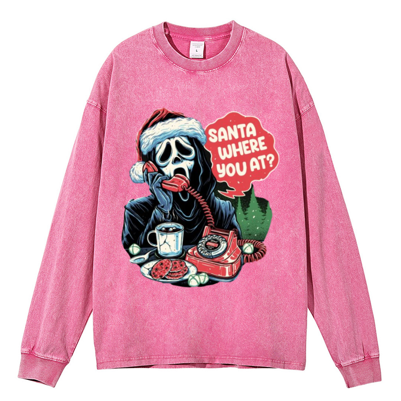 Santa Where You At Unisex Washed Printed Round Neck Sweatshirt