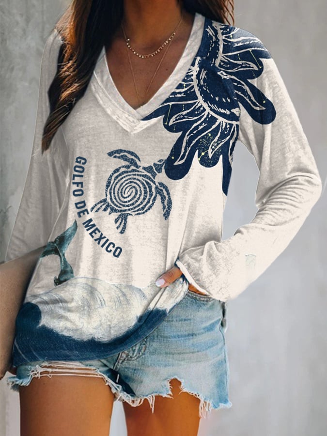 Women’s Retro Gulf Of Mexico Sea Turtle Print T-Shirt