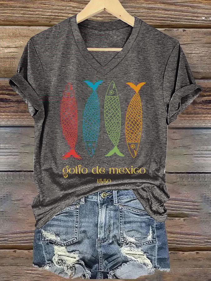 Women's Gulf Of Mexico Printed V Neck T-Shirt
