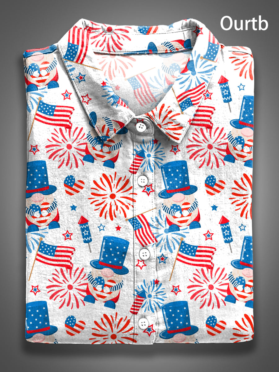 Fireworks Flag Red White Blue Abstract 1776 Freedom USA Independence Day Abstract Pattern Art Print Casual 100% Cotton Shirt