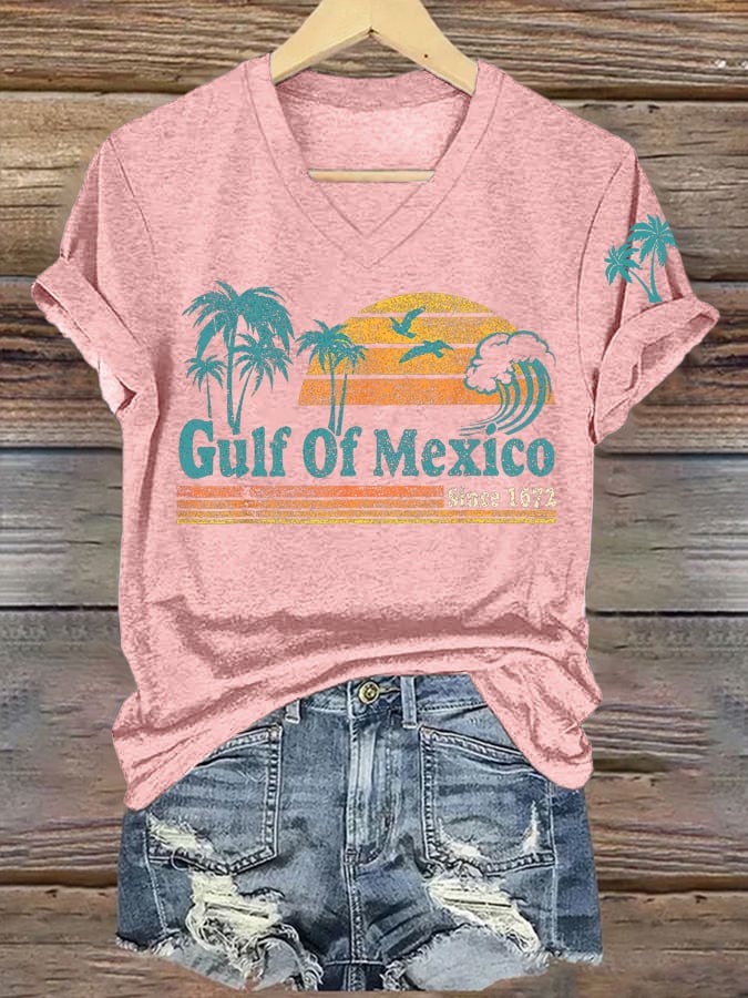 Women's Gulf Of Mexico Printed V Neck T-Shirt