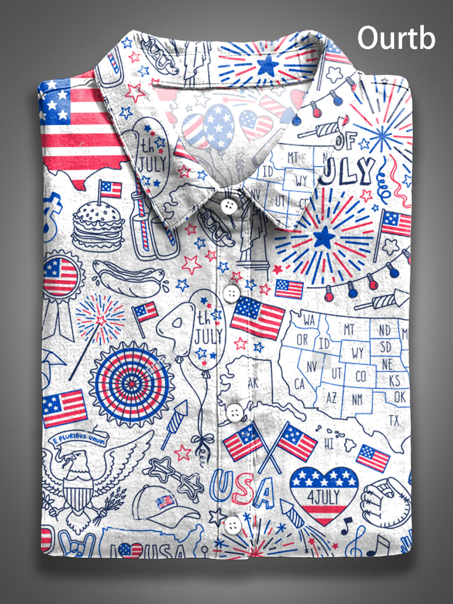 Flag Red White Blue Abstract 1776 Freedom USA Independence Day Abstract Pattern Art Print Casual 100% Cotton Shirt