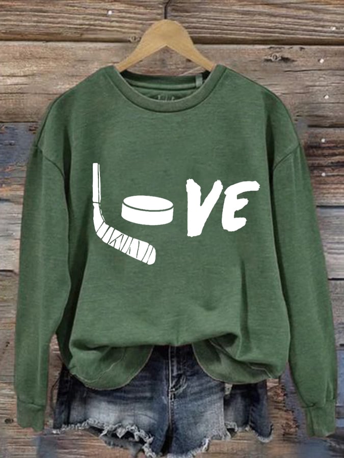 Women's Love Ice Hockey Print Round Neck Sweatshirt