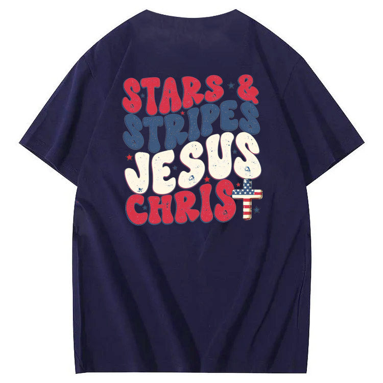 Independence Day Stars&Stripes Jesus Chirs Pattern Print T-Shirt