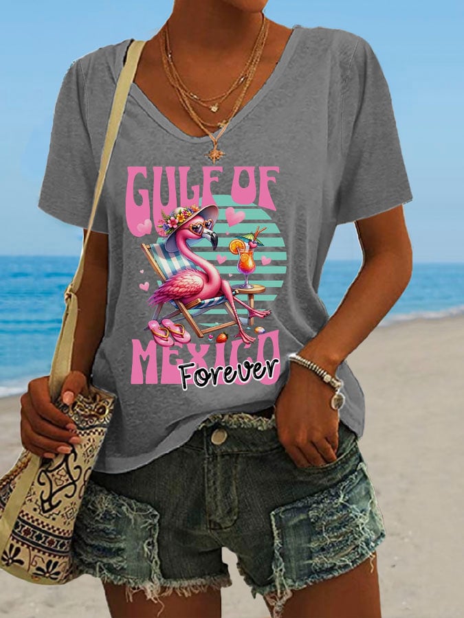 Women's Gulf Of Mexico Print V Neck Casual T-Shirt