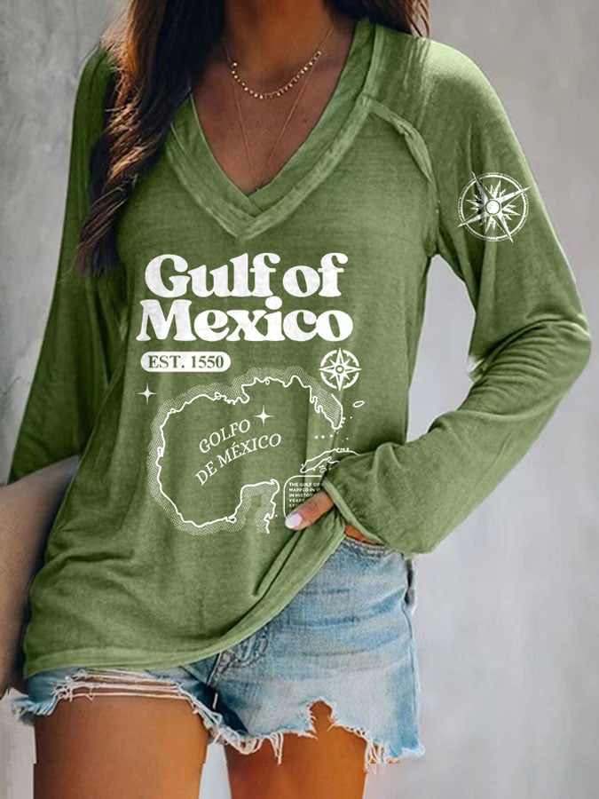 Women's Gulf Of Mexico Print V Neck T-Shirt