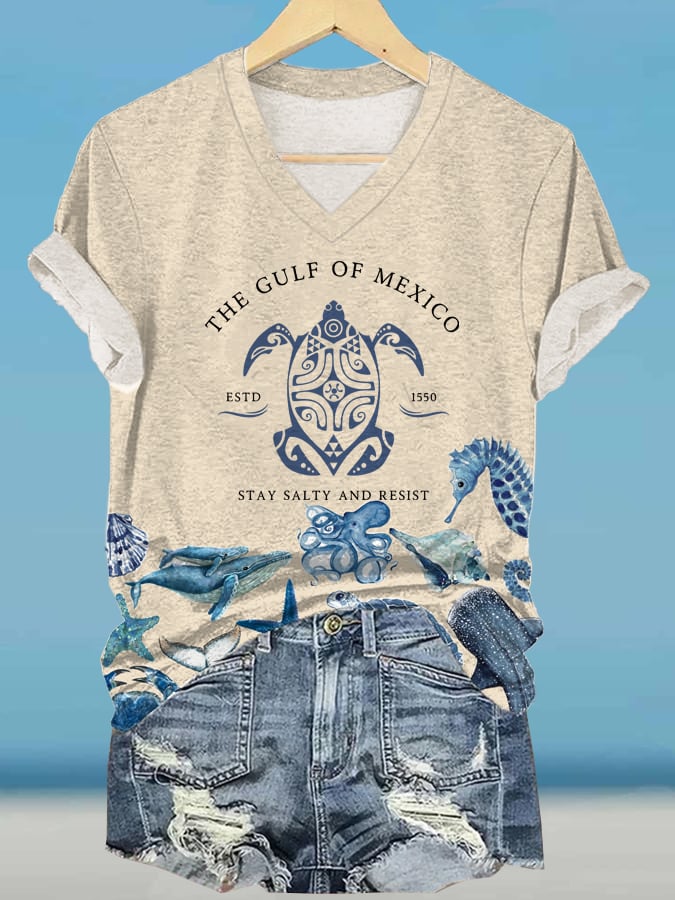 Women's Gulf Of Mexico Print V Neck T-Shirt