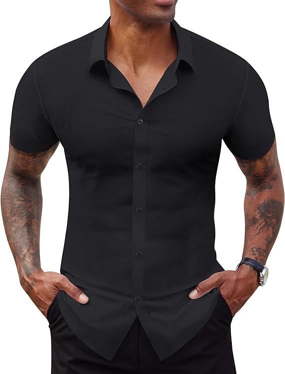 Stretch Dress Shirts for Men Short Sleeve Slim Fit Casual Button Down Shirts Muscle Fit Men's Dress Shirts