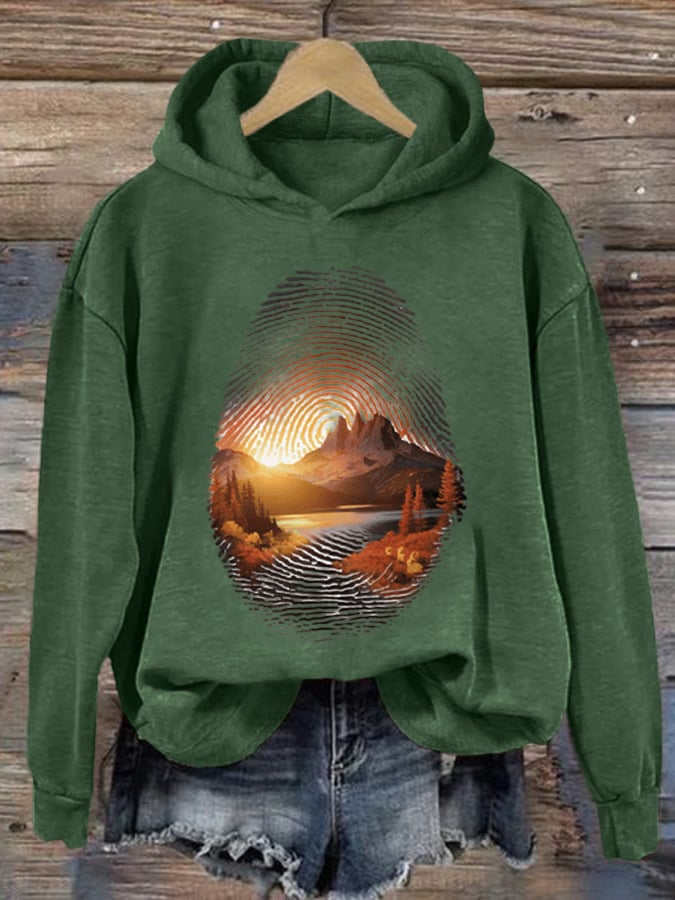 Women's Three Peaks Fingerprint Hiking Print Hooded Long Sleeve Sweatshirt