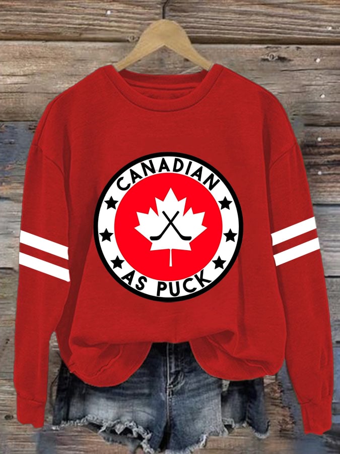 Women's Canadian Hockey Print Crew Neck Long Sleeve Sweatshirt