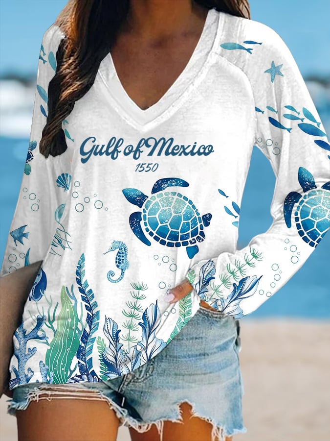 Women's Gulf Of Mexico Printed V-Neck T-Shirt