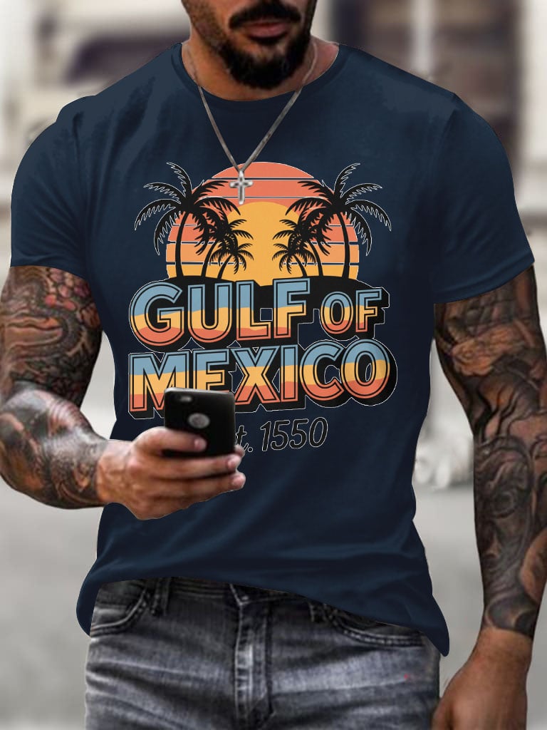 Men'S Retro Gulf Of Mexico Printed Casual Crew Neck T-Shirt