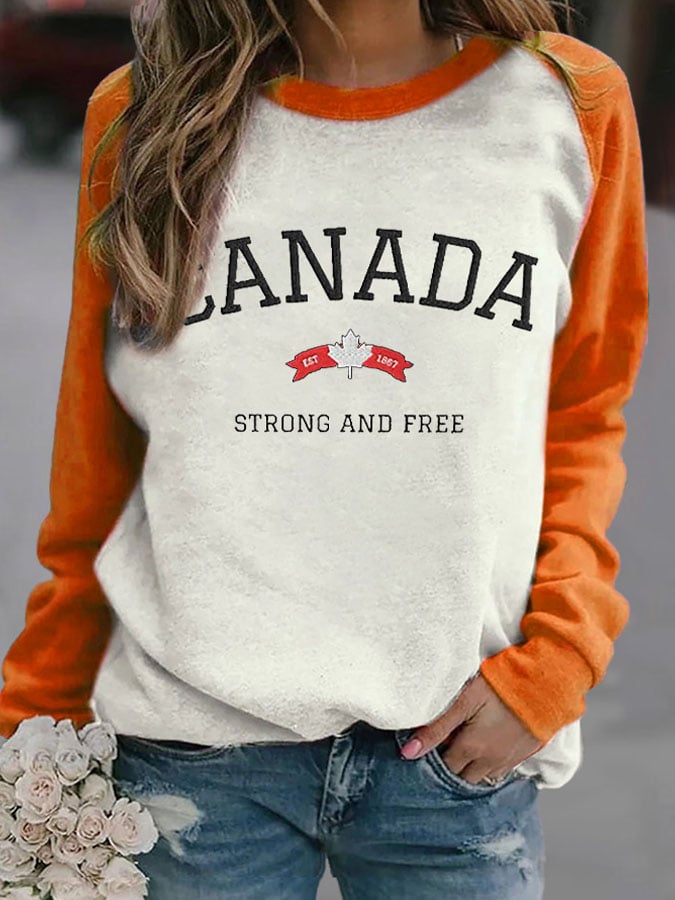 Women'S Retro Canada Strong And Free Print Sweatshirt