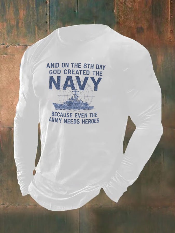 Men's Navy Pattern Long Sleeve 100% Cotton T-Shirt