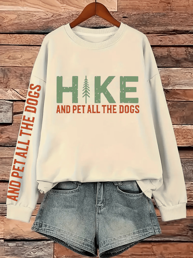 Women's Hike And Pet All The Dogs Printed Crew Neck Long Sleeve Sweatshirt