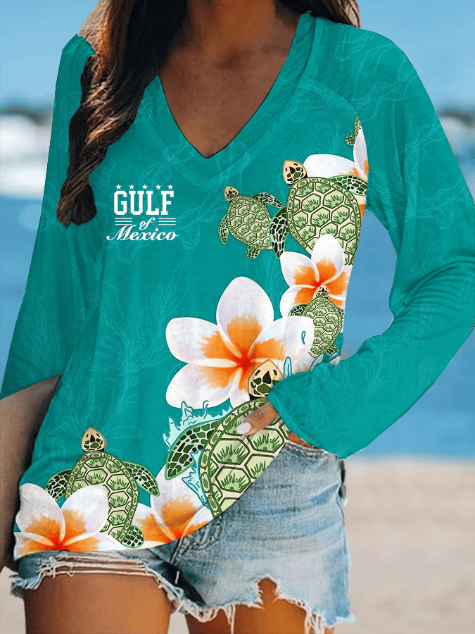 Women's Gulf Of Mexico Printed V-Neck T-Shirt
