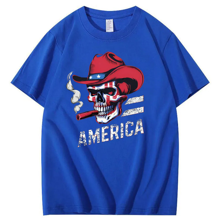 Independence Day Skull America Pattern Print 100%Cotton T-Shirt
