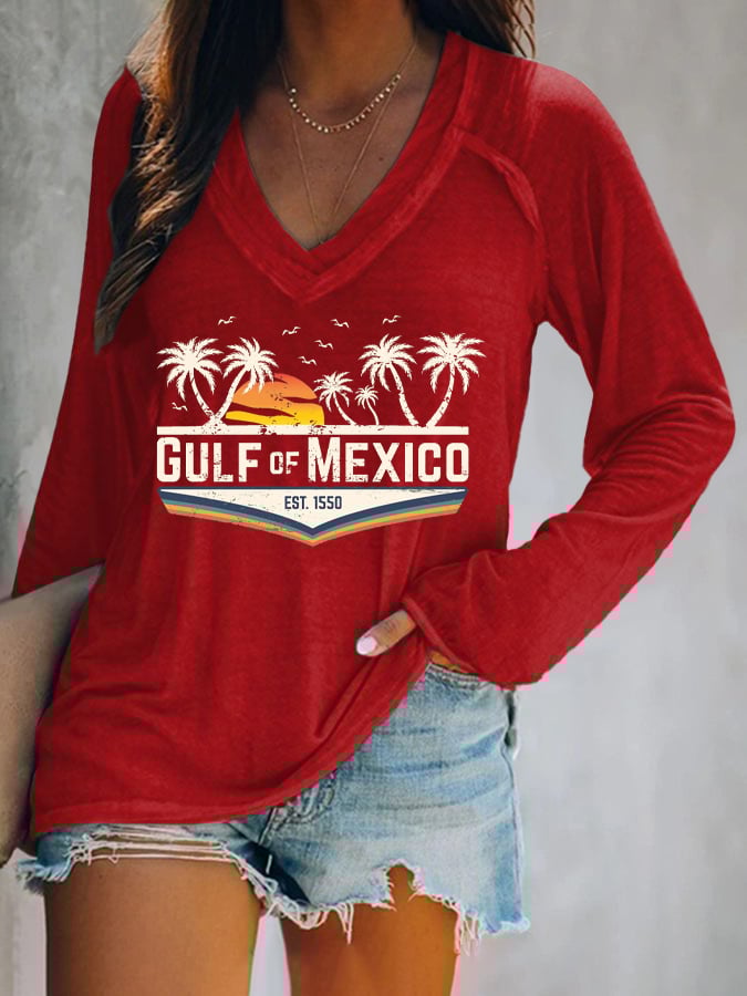 Women's Gulf Of Mexico Print V Neck T-Shirt