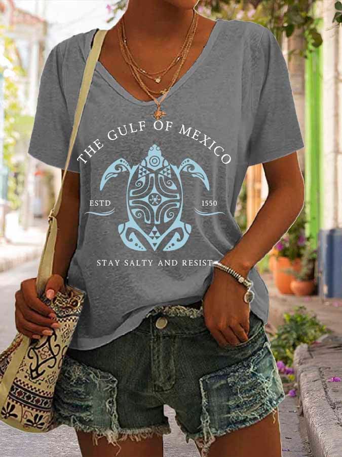 Women's Gulf Of Mexico Print V Neck Casual T-Shirt