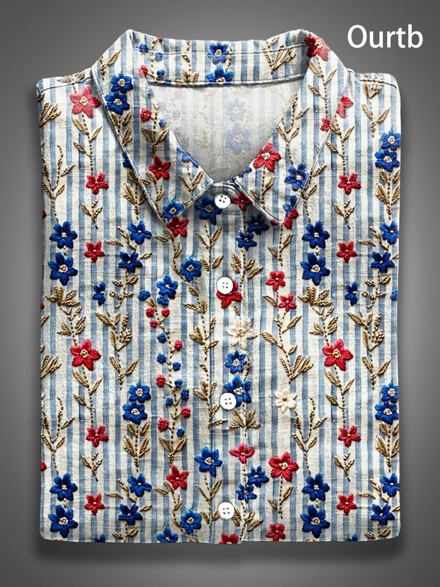 Vintage Floral Red White Blue 1776 Freedom USA Independence Day Abstract Pattern Art Print Casual 100% Cotton Shirt