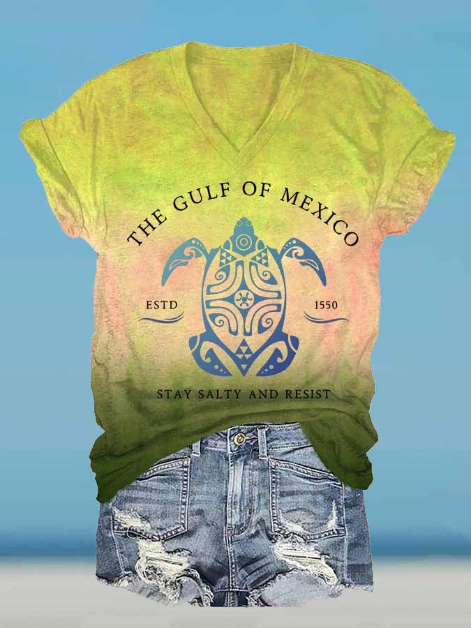 Women's Gulf Of Mexico Print V Neck T-Shirt