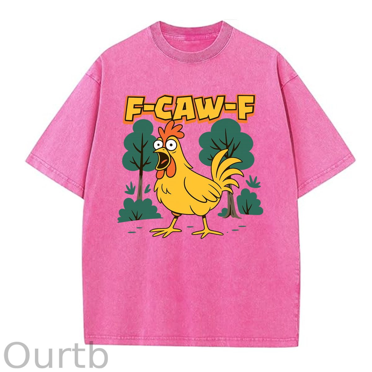 F-Caw-F Crazy Shocked Chicken Pattern Washed Distressed Crew Neck 100% Cototon T-Shirt