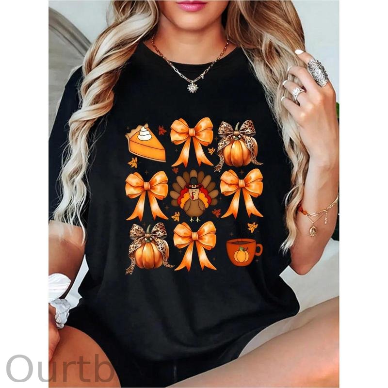 100% Cotton Coquette Bow Pumpkin Pie Turkey Thanksgiving Autumn Fall T-Shirt