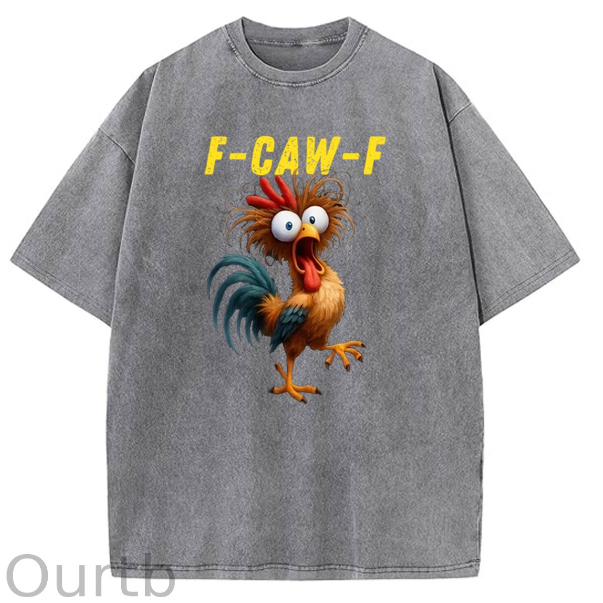 F-Caw-F Crazy Chicken Pattern Washed Distressed Crew Neck 100% Cototon T-Shirt