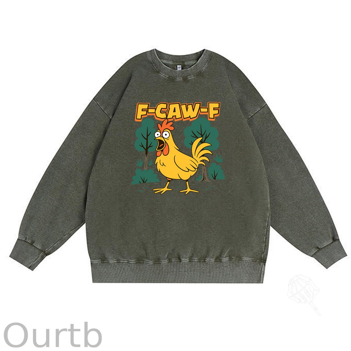 F-Caw-F Crazy Shocked Chicken Pattern Vintage 100% 325g Cotton Washed Long Sleeve Sweatshirt