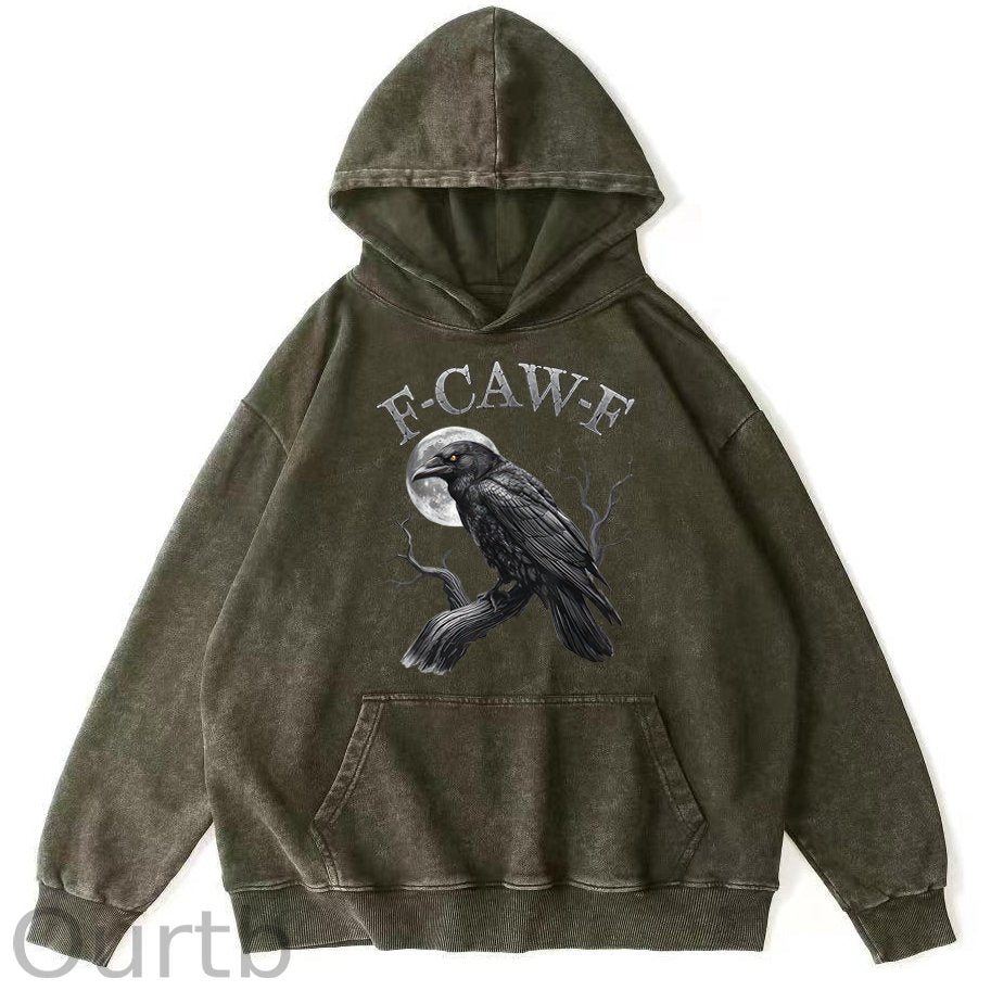 F-Caw-F Crow 100% 300g Cotton Washed Hooded Sweatshirt