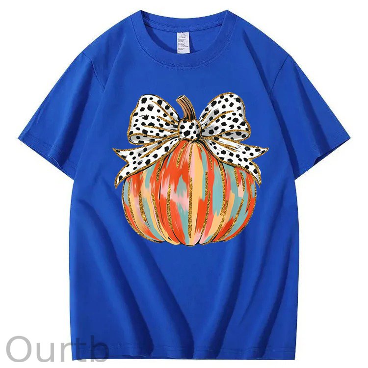 Coquette Bow Pumpkin Season Autumn Fall Leaves Thanksgiving 100% Cotton T-Shirt
