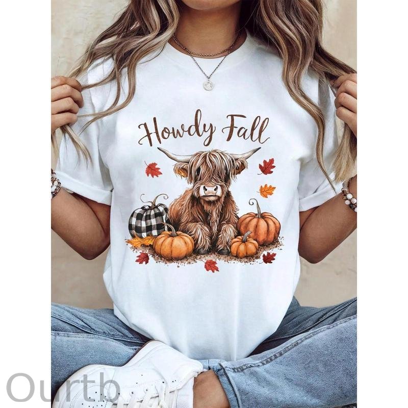 Thanksgiving Graphic Women T Shirt Howdy Fall Highland Cow Happy Thanksgiving Autumn Vibes Fall T-Shirt