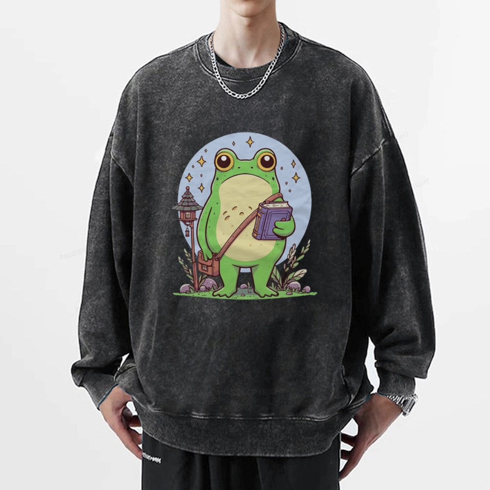 Frog Reading Book Unisex Washed Sweatshirt