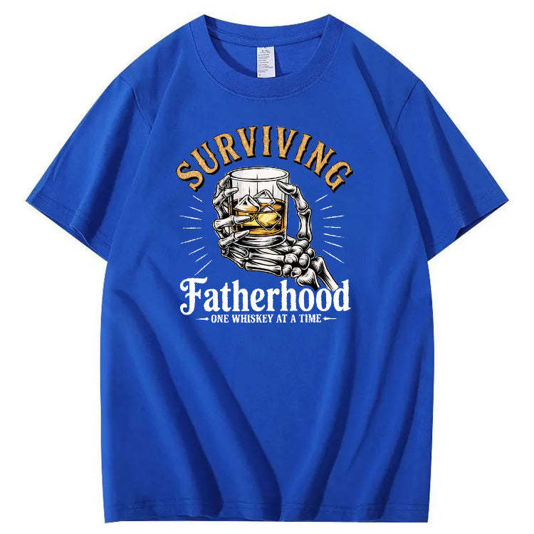 Fatherhood One Whiskey At A Time Pattern Print 100%Cotton T-Shirt