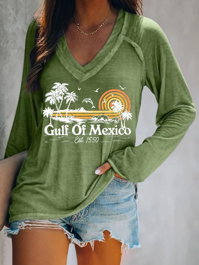 Women's Gulf Of Mexico Print V Neck T-Shirt