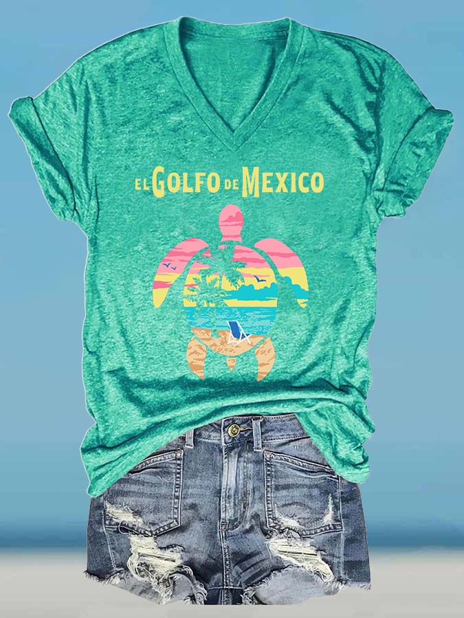 Women's Retro Golfo De Mexico Sea Turtle Print T-Shirt