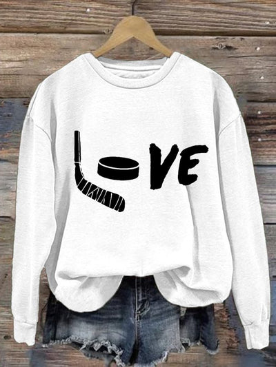 Women's Love Ice Hockey Print Round Neck Sweatshirt