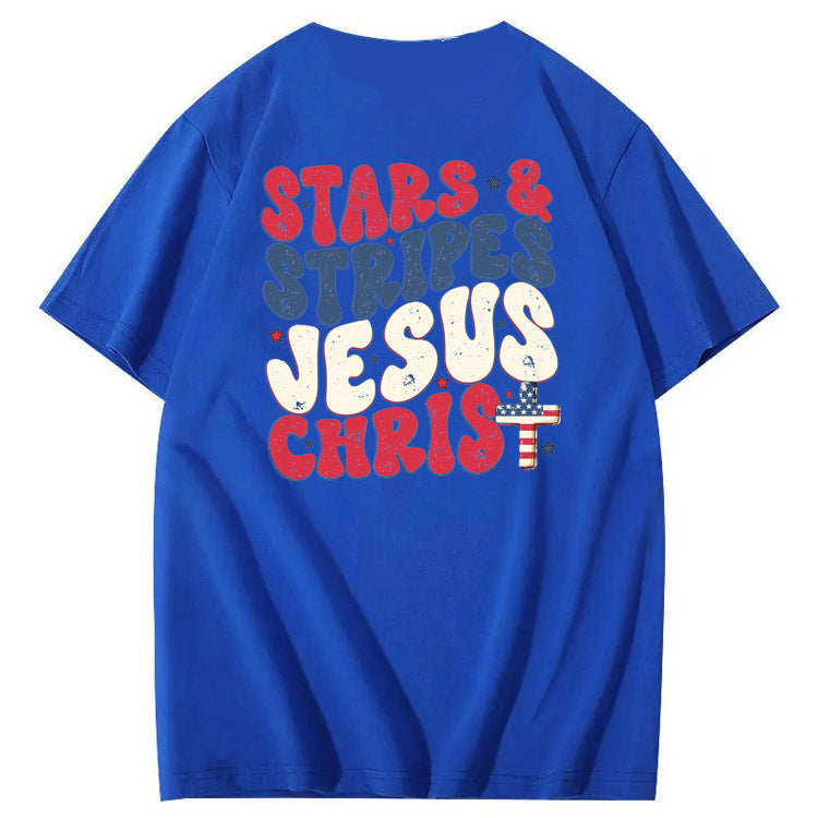 Independence Day Stars&Stripes Jesus Chirs Pattern Print T-Shirt