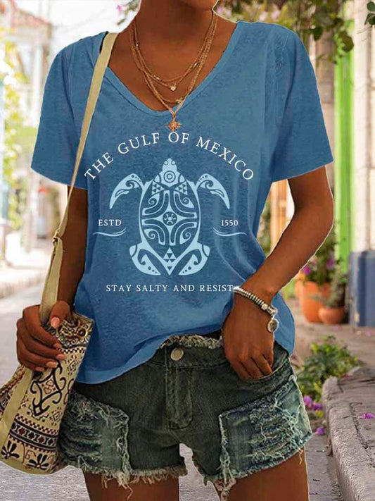Women's Gulf Of Mexico Print V Neck Casual T-Shirt