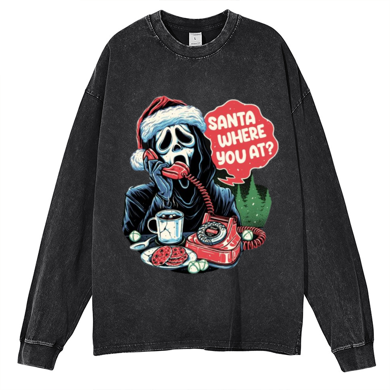 Santa Where You At Unisex Washed Printed Round Neck Sweatshirt