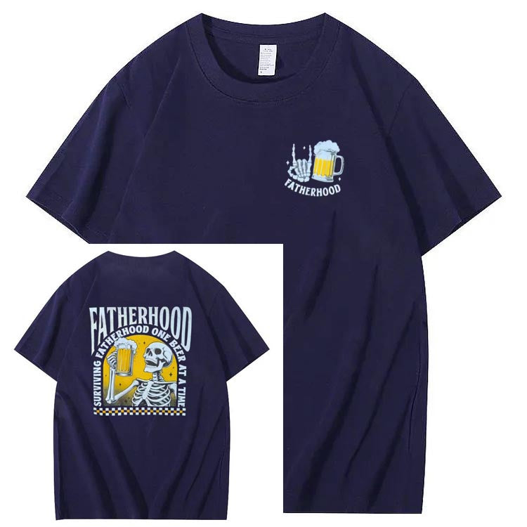 Fatherhood Skull And Beer Pattern Print Cotton T-Shirt