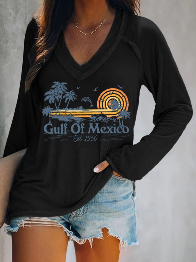 Women's Gulf Of Mexico Print V Neck T-Shirt