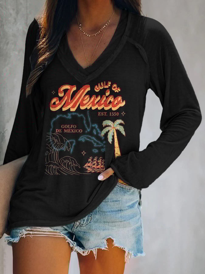 Women's Gulf Of Mexico Print V Neck T-Shirt