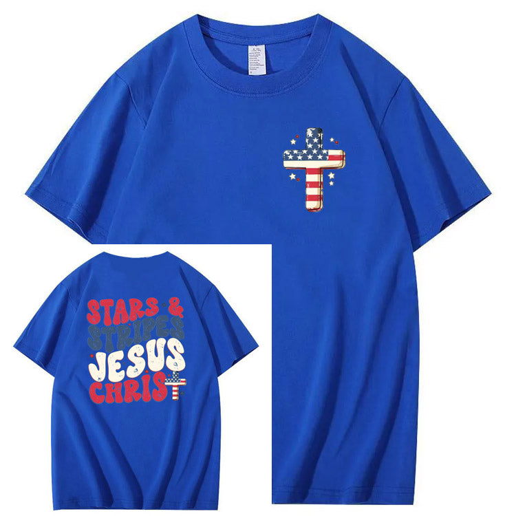 Independence Day Stars&Stripes Jesus Chirs Pattern Print T-Shirt
