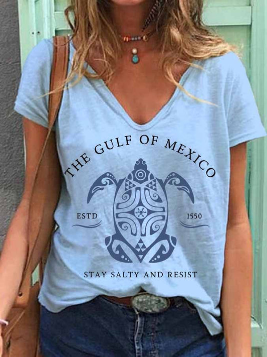 Women's Gulf Of Mexico Print V Neck T-Shirt