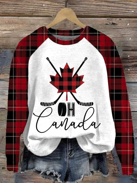 Retro Women's Canadian Hockey Print Raglan Sleeve Sweatshirt