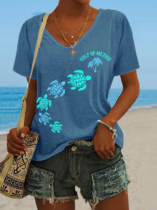 Women's Gulf Of Mexico Print V Neck Casual T-Shirt