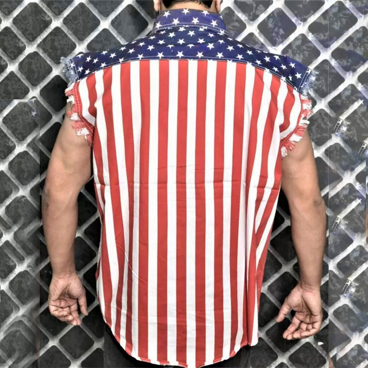 Men'S Independence Day Denim Tank Top Button Down Work Jacket